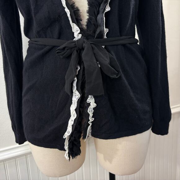 Peck & Peck Collection Size XL Cardigan Sweater Wool Cashmere Black Ruffle Lace - Picture 13 of 16